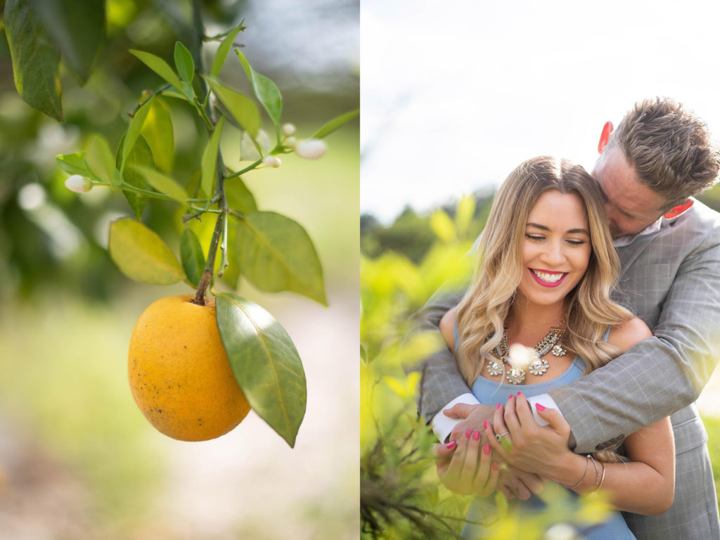 Hancock Orange Groves Engagement Session Orange Fruit and Couple hugging each other wearing a blue dress and a grey blazer smilling