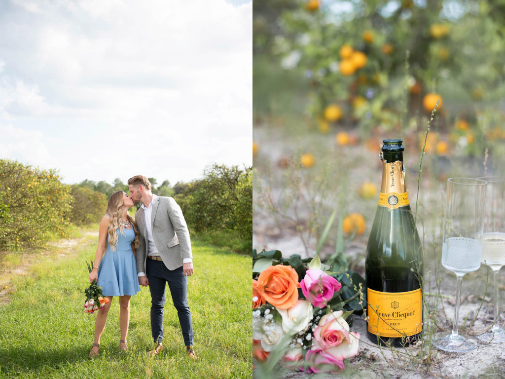Hancock Orange Groves Engagement Session in Dade City Florida Champagne, Flowers, a couple holding hands kissing wearing a light blue dress and a grey blazer in a farm