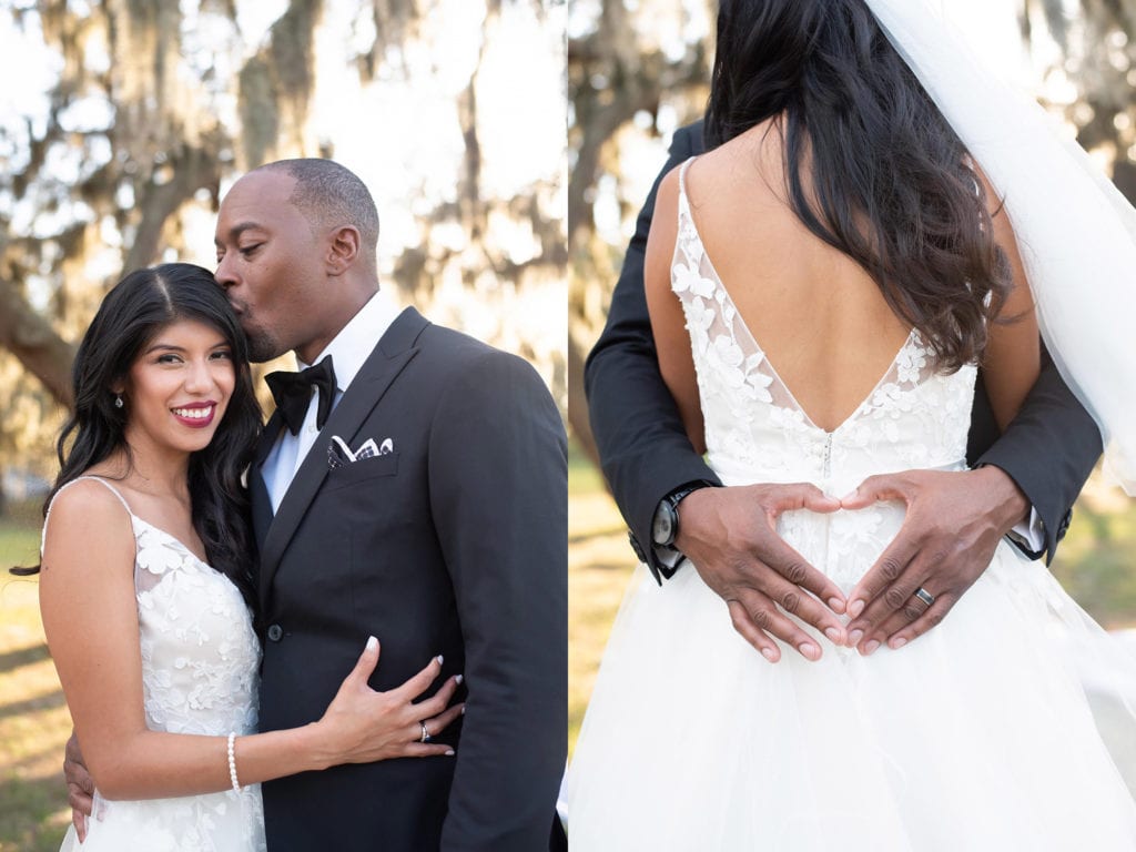 Ybor City Museum Garden Wedding Groom kissing bride on the temple and hugging bride making heart sign 