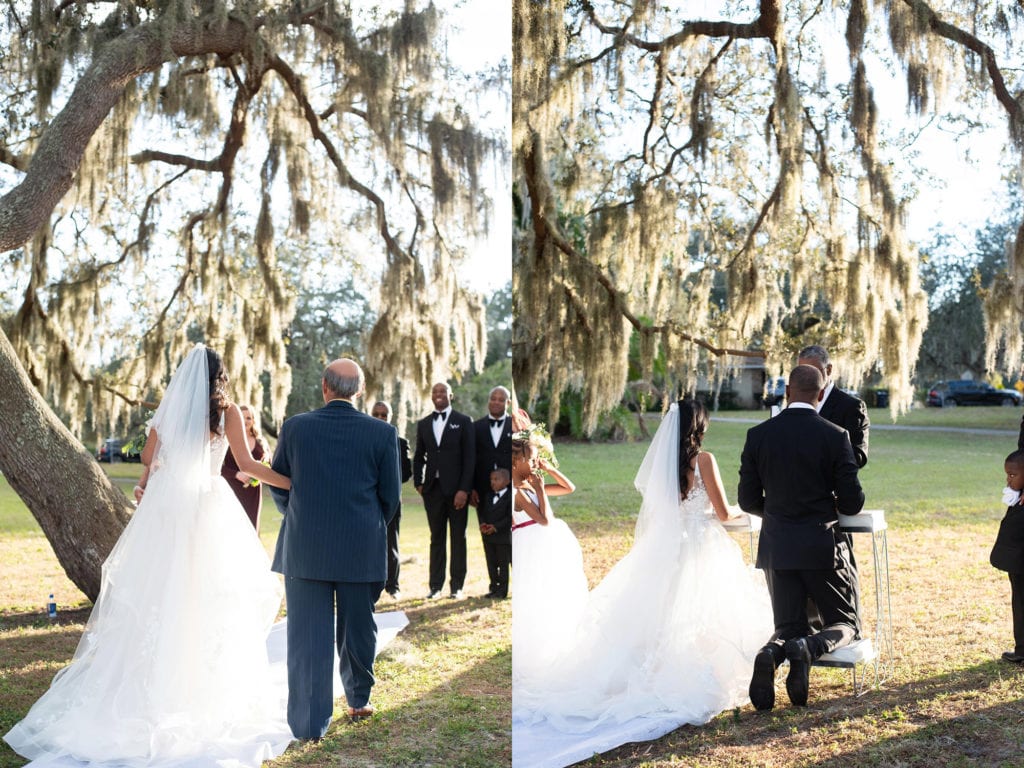 Ybor City Museum Garden Wedding Dad walking daughter down the aisle bride and groom in front of priest wedding ceremony