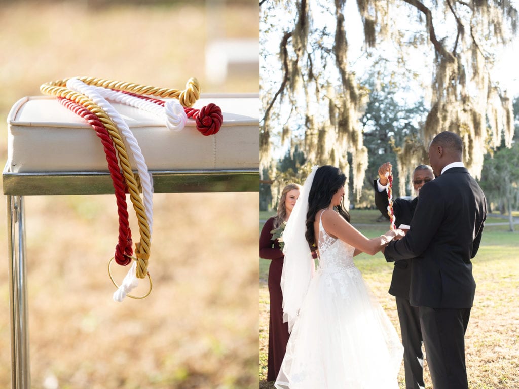 Ybor City Museum Garden Bride and Groom doing knot for Wedding Cord of Three Strands wedding ceremony