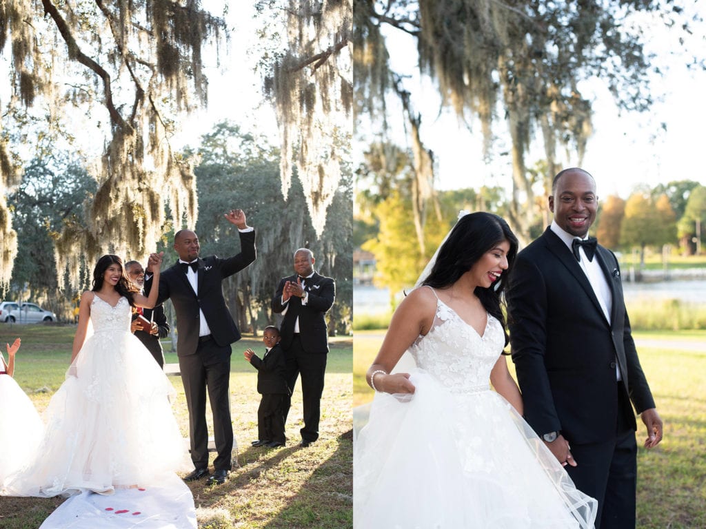 Ybor City Museum Garden Wedding Just married bride and groom walking down the aisle celebrating and smiling