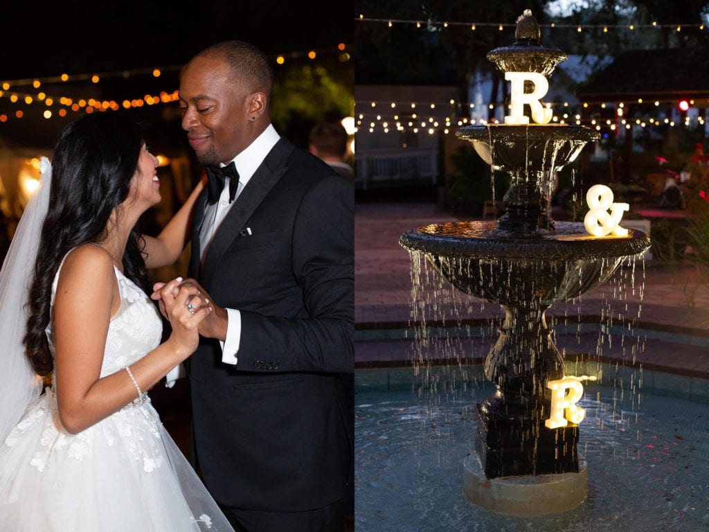 Ybor City Museum Garden Wedding Bride and groom first dance by the lights and the water fountain at night wedding reception