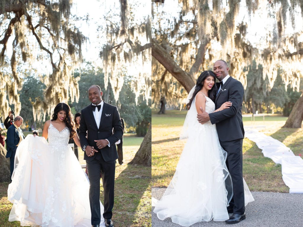 Ybor City Museum Garden Wedding Just Married Couple walking down the aisle and posing Groom wearing black tuxedo Bride in White fluffy dress