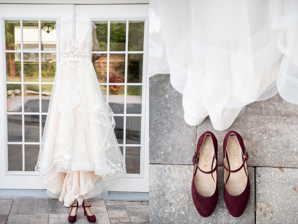 Ybor City Museum Garden Wedding Dress hanging on door with shoes close up