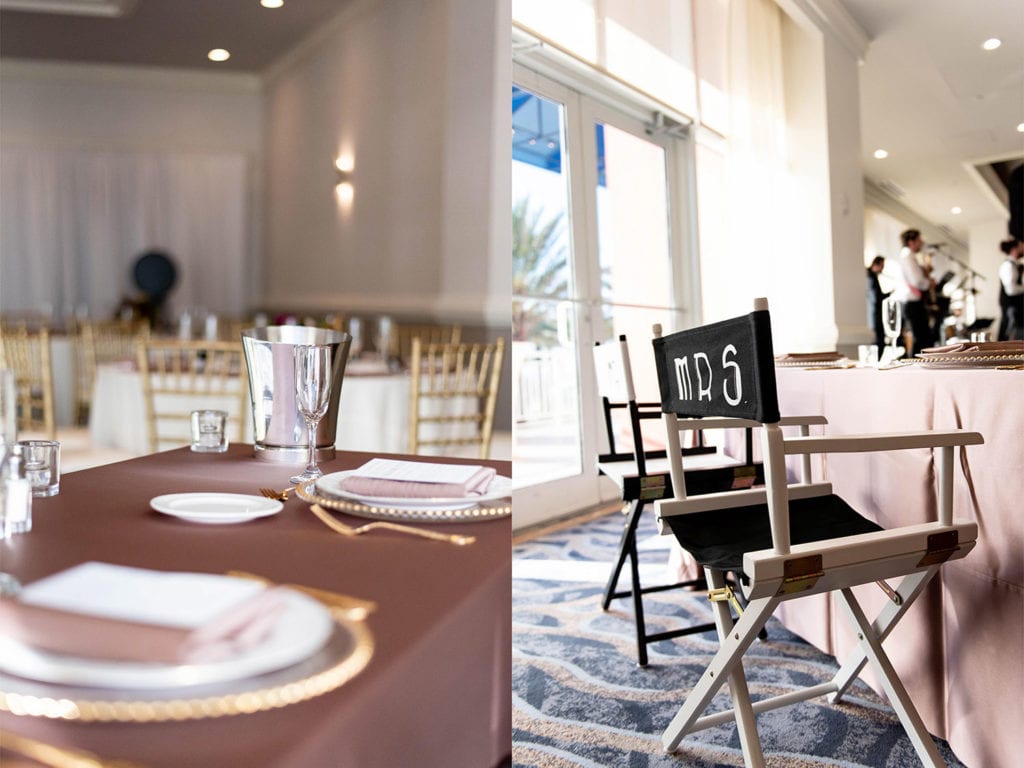 Hyatt Regency Clearwater Beach Wedding Movie director chairs sweetheart table blush gold and beige decor for hollywood themed wedding
