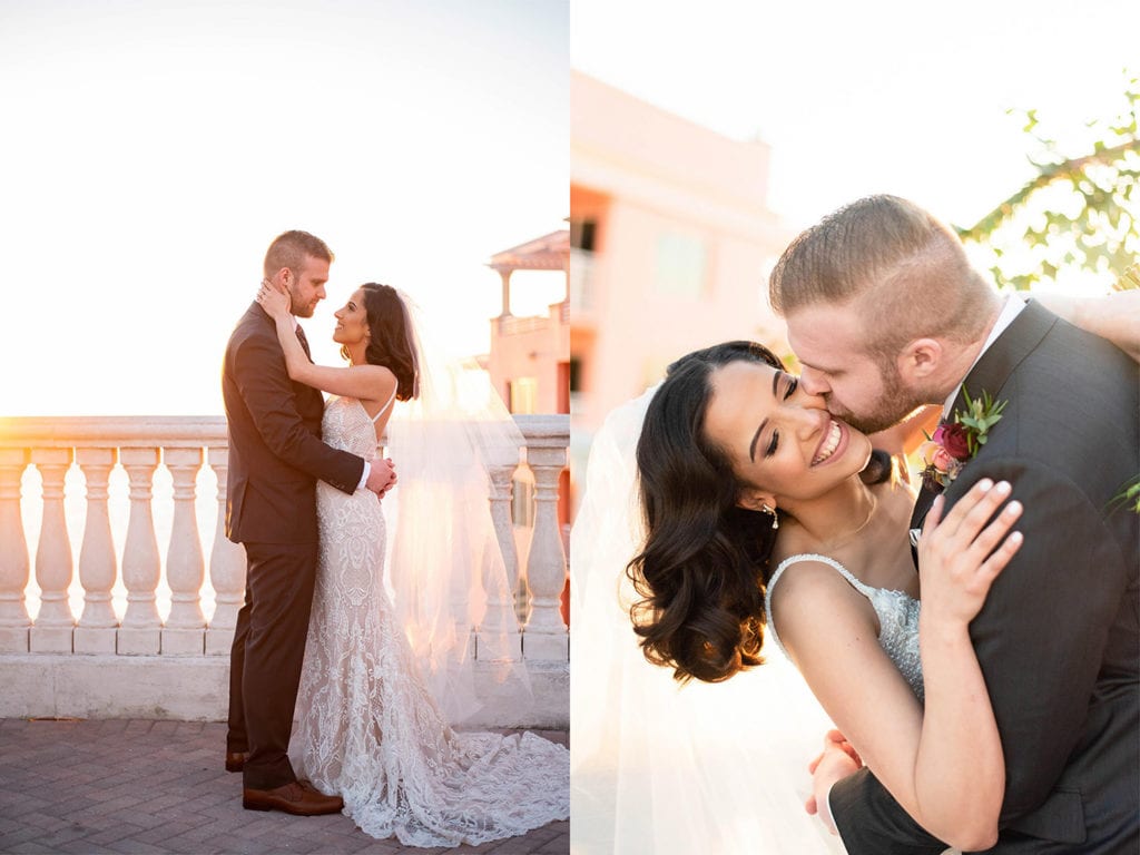 Hyatt Regency Clearwater Beach Wedding Bride wearing Galia Lahav sicilian dress hugging and smiling with her groom at the sky terrace during sunset by the water for hollywood themed wedding