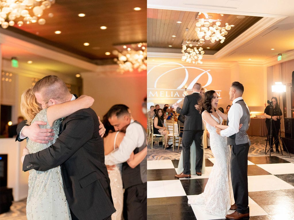 Hyatt Regency Clearwater Beach Wedding dual dance bride dancing with father and groom dancing with mother at the same time hollywood themed wedding warm wedding reception lighting decor smiles and hugs