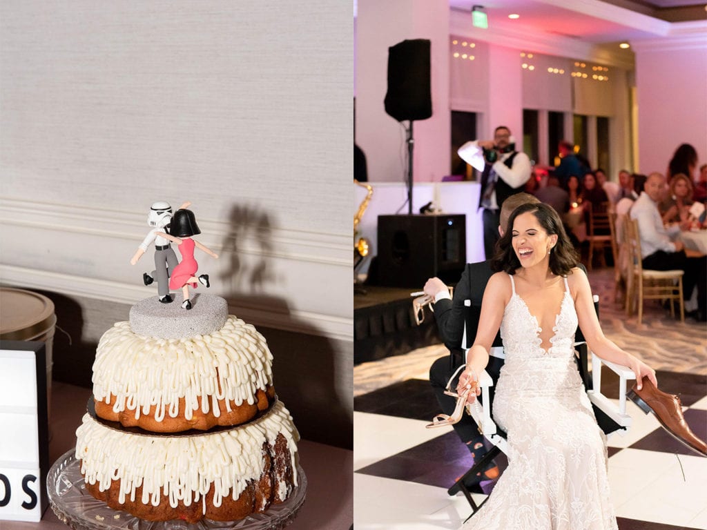 Hyatt Regency Clearwater Beach Wedding Bundt wedding cake and bride and groom playing the shoe game at hollywood themed wedding