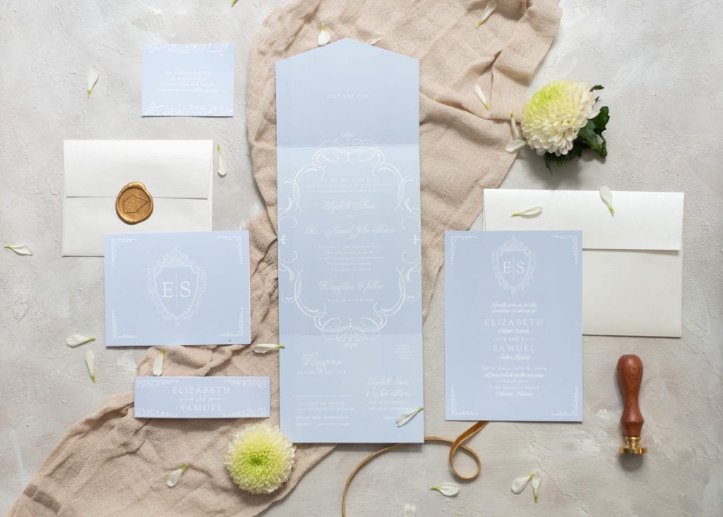 Basic Invite Luxury Light Blue Wedding Invitation Suite Flat Lay Photography with Flowers Ribbons Wax Seal
