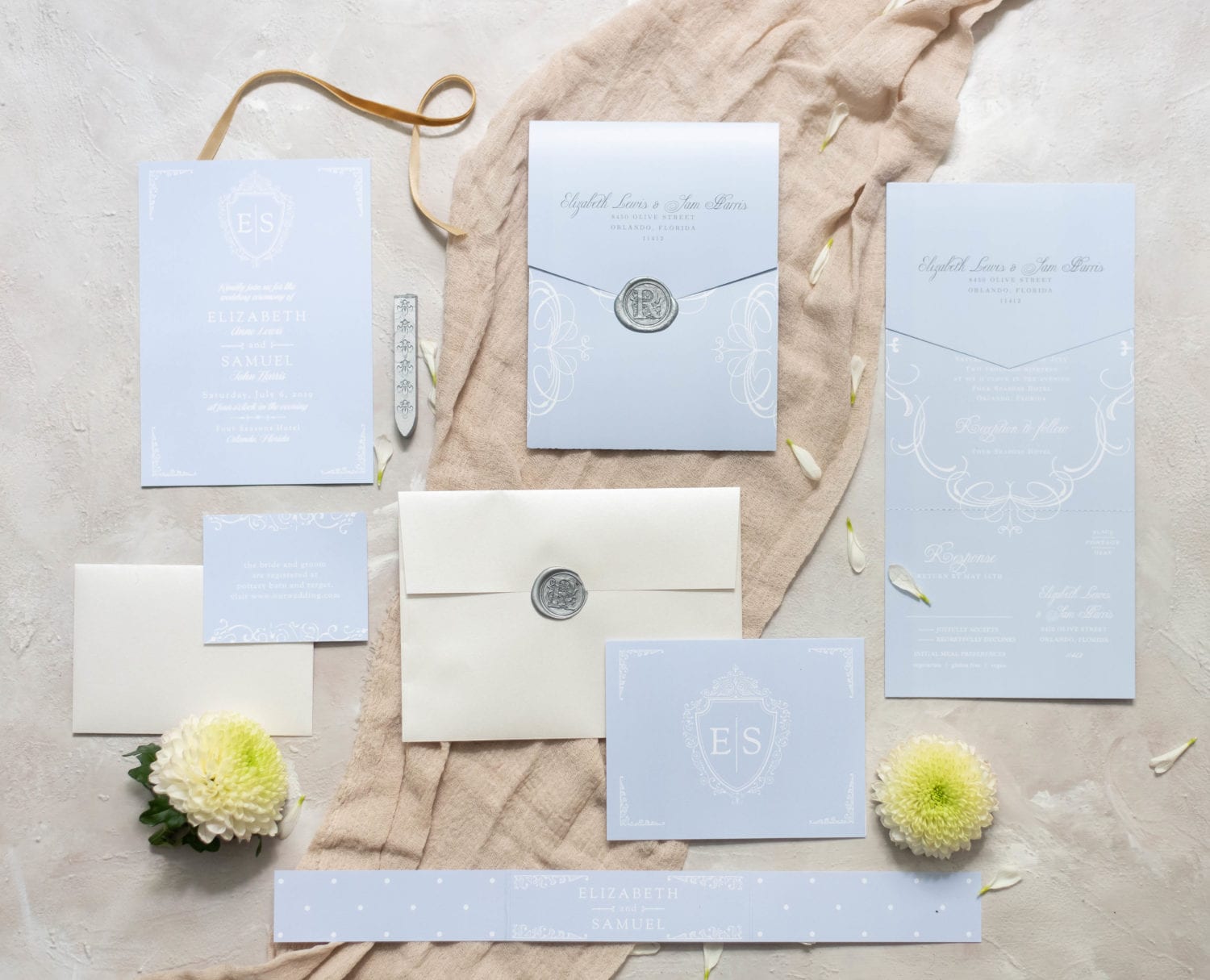 Tampa Beach Bridal Shower Basic Invite Bridal Shower Beach Theme Invitations Light Blue and white with silver wedding invitation suite flat lay