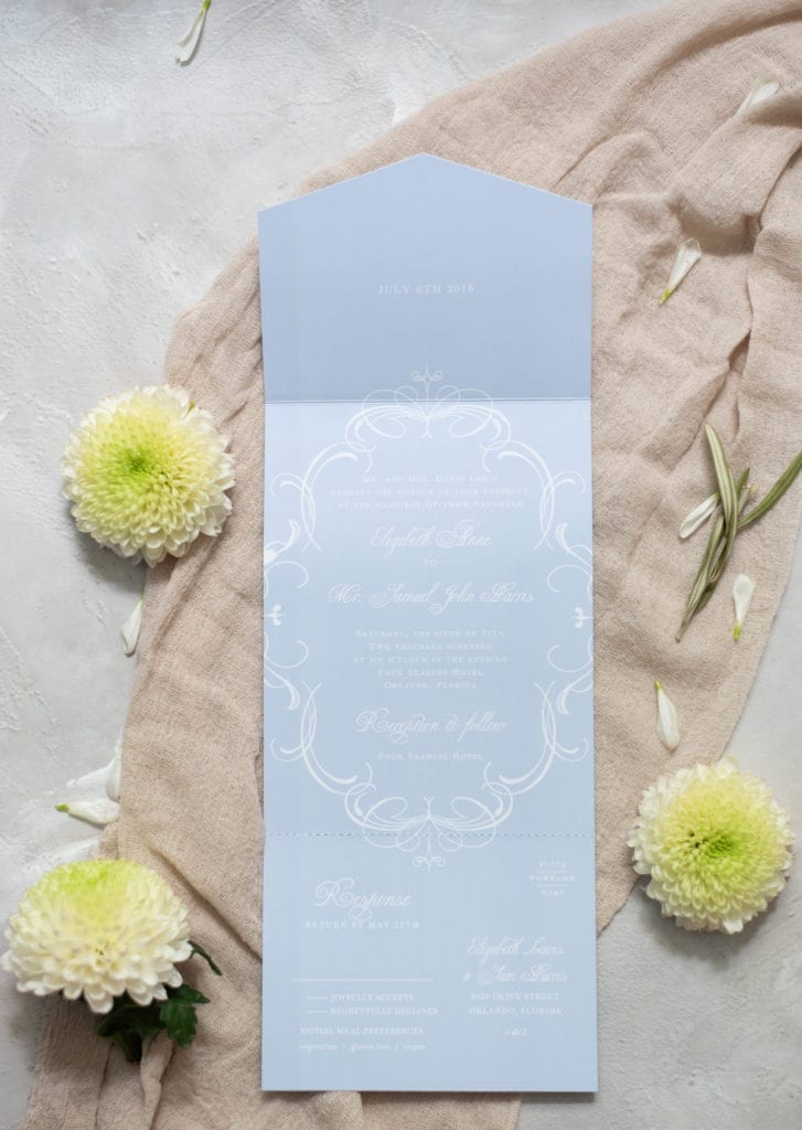 Basic Invite Light Blue Wedding Invitation Flat Lay with Flowers Bridal Shower Beach Theme Invitations