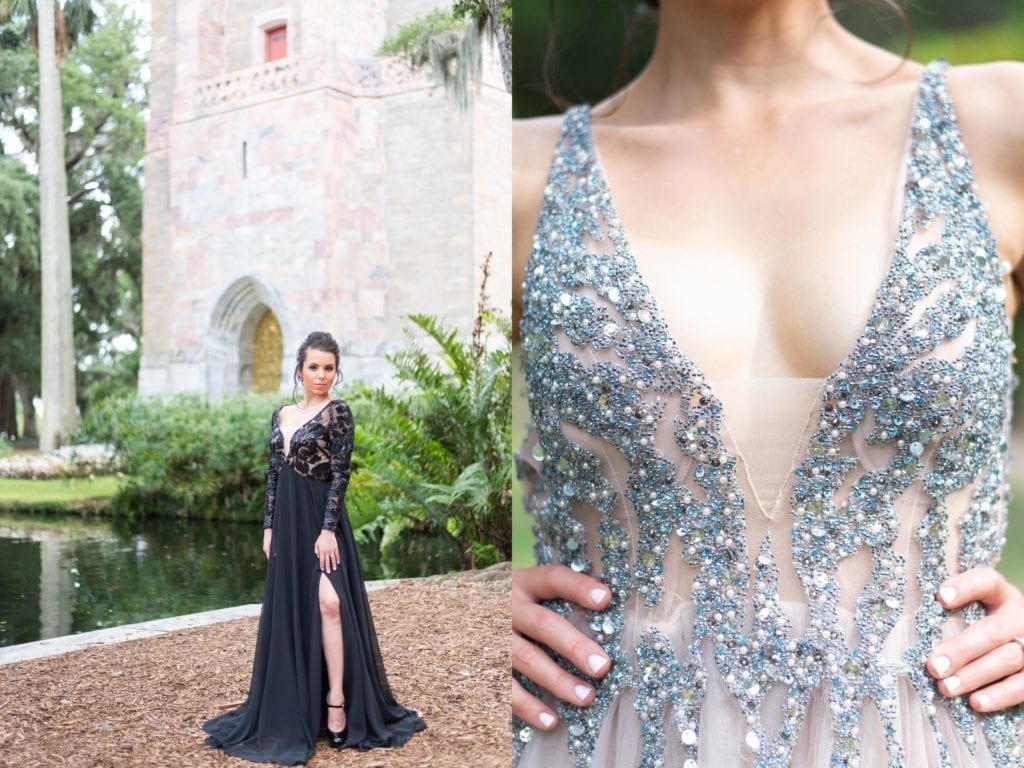 what to wear for your engagement session detail photo of sparkly blush dress and woman in black elegant long gown at bok tower gardens
