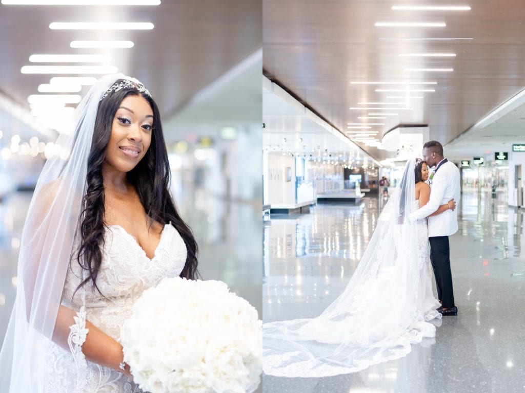 Tampa airport elegant nigerian and haitian wedding bride with white flowers and long veil and groom in white tuxedo kissing at tampa international airport