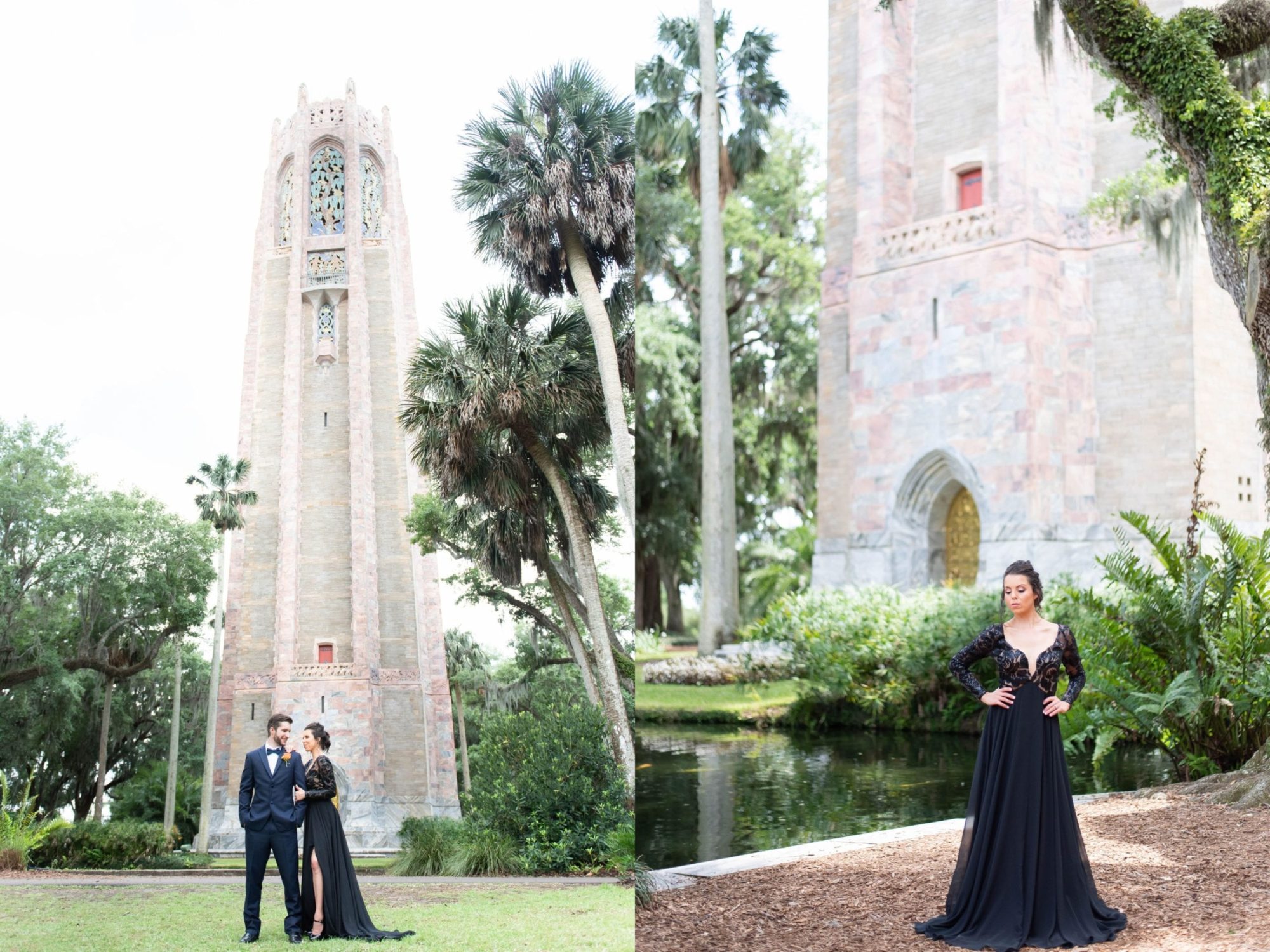 Bok tower gardens wedding elegant couple in black gown and navy tuxedo by the singing tower