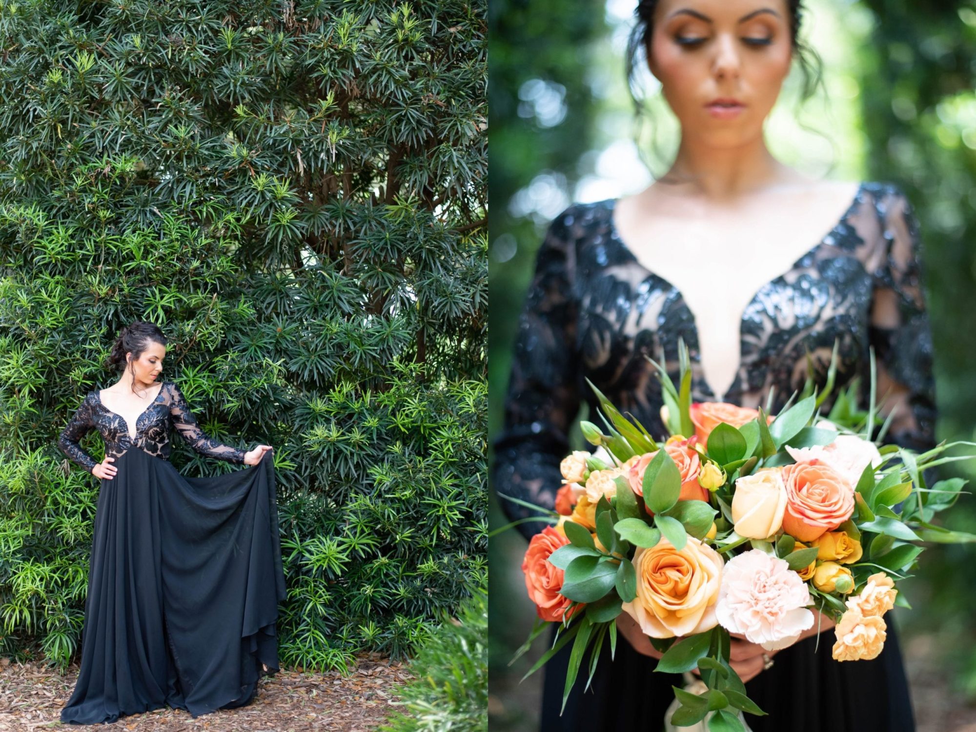 Tampa Elegant wedding in black lace dress bride holding bouquet in garden