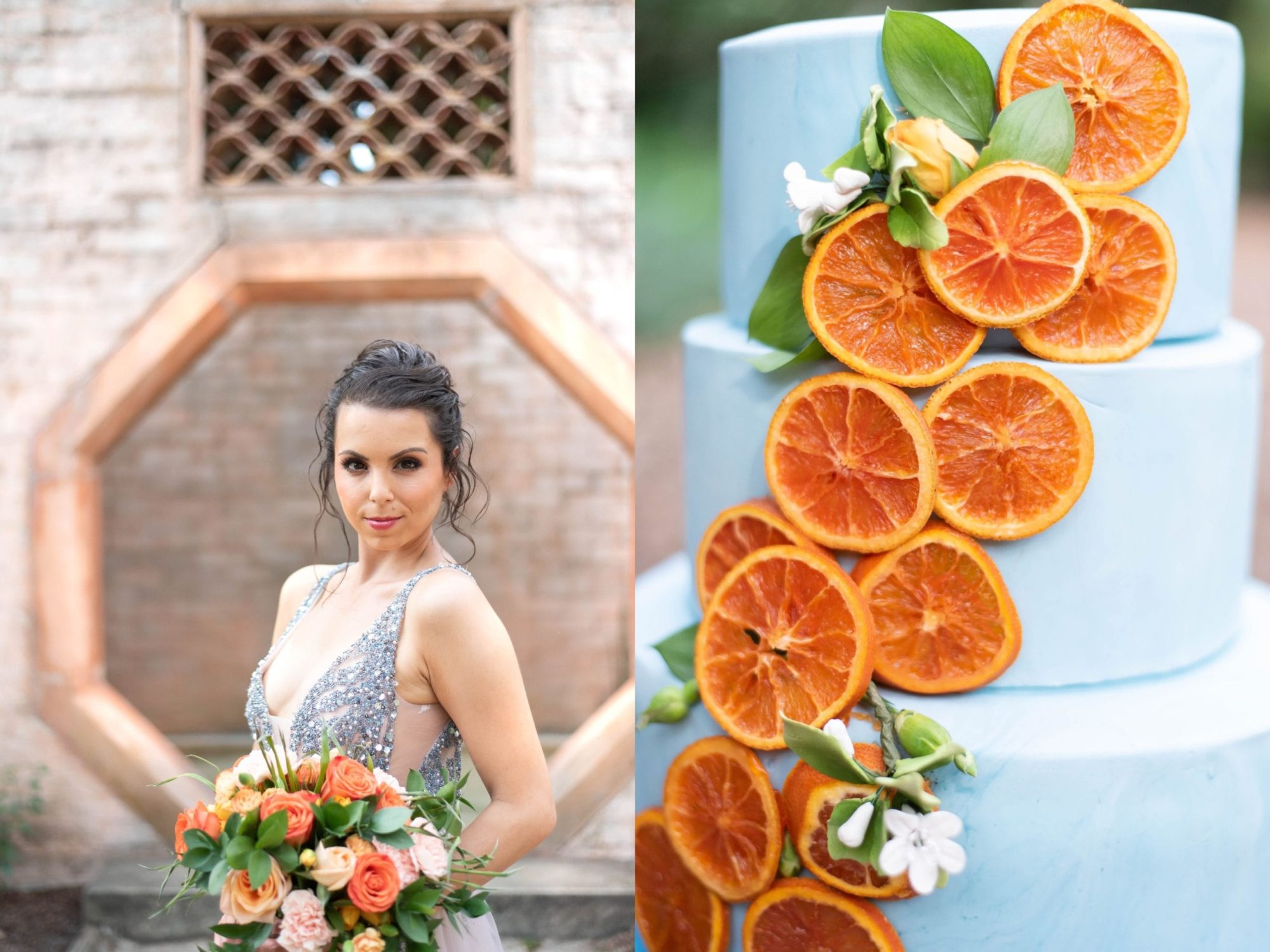 Bok tower gardens venue citrus styled shoot blue fondant cake with orange slices