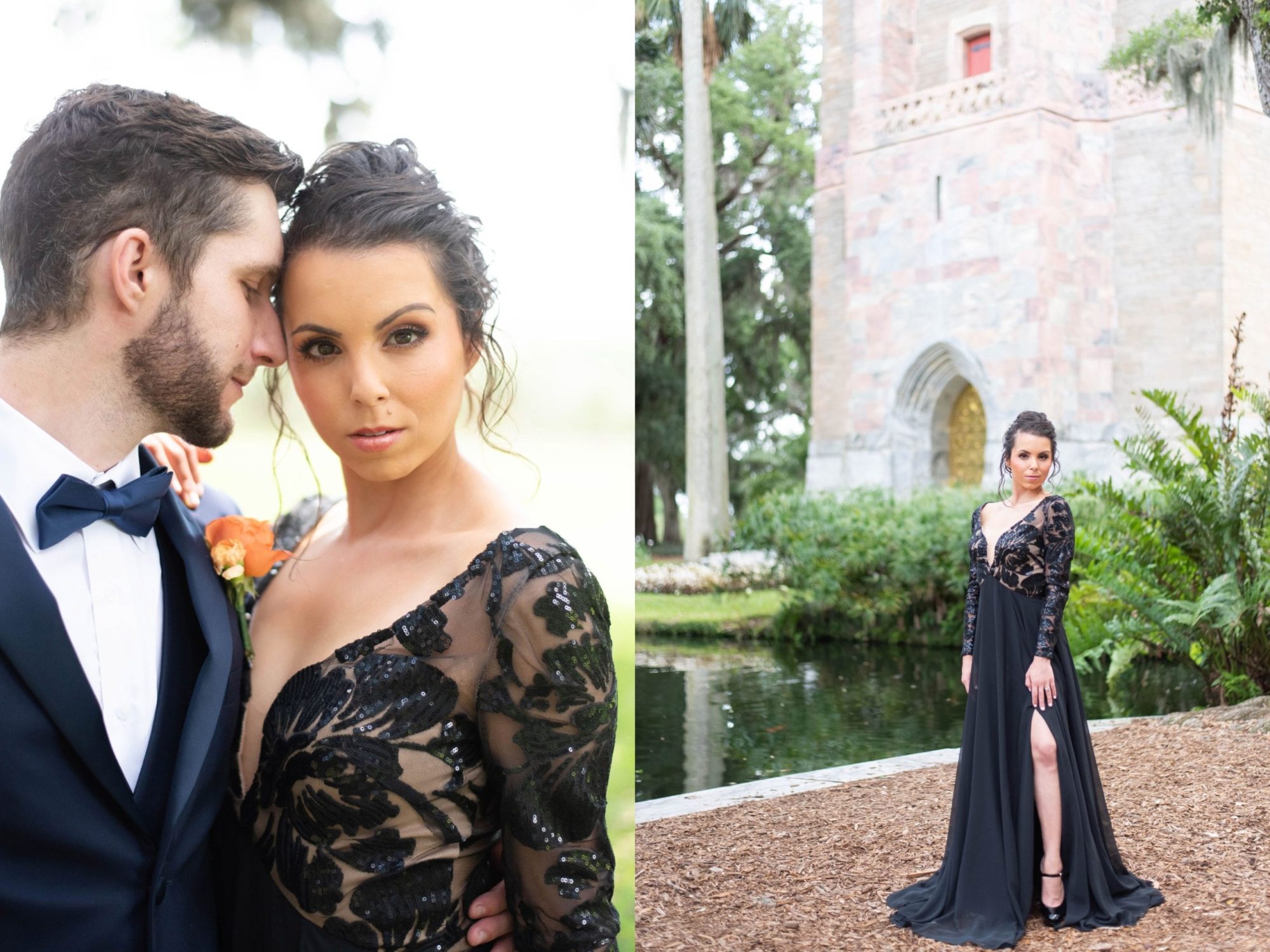 Whimsical Citrus Bok Tower Gardens Wedding in Lake Wakes, Florida bride in elegant black lace dress with slit and groom in navy tuxedo hugging embracing by the singing tower