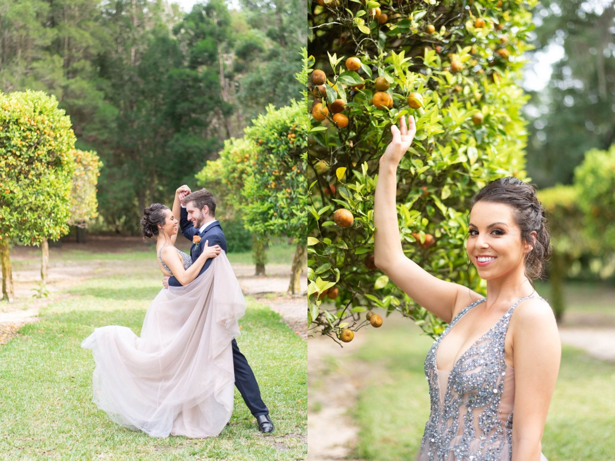 Bok tower gardens wedding citrus orange farm bride grabbing oranges couple dancing