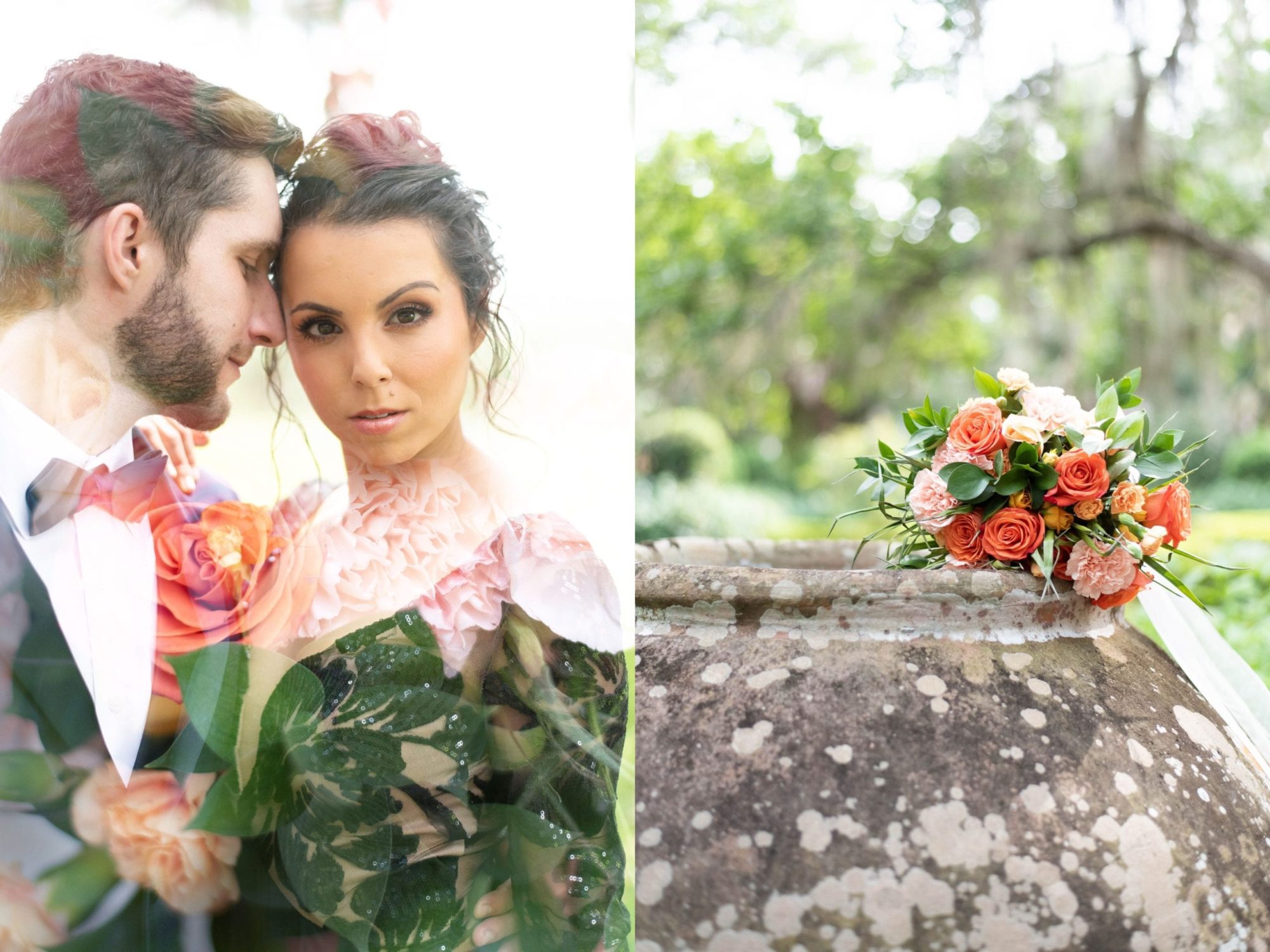 Tampa wedding summer orange and pastel colors bouquet double exposure portrait of couple