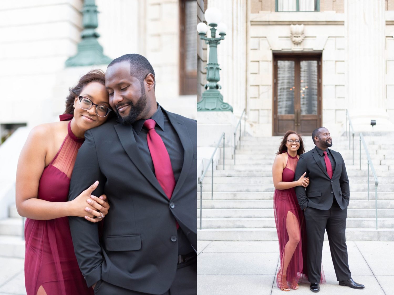 Le meridien tampa wedding photographer formal outfits black tuxedo and wine red gown couple posing at camera
