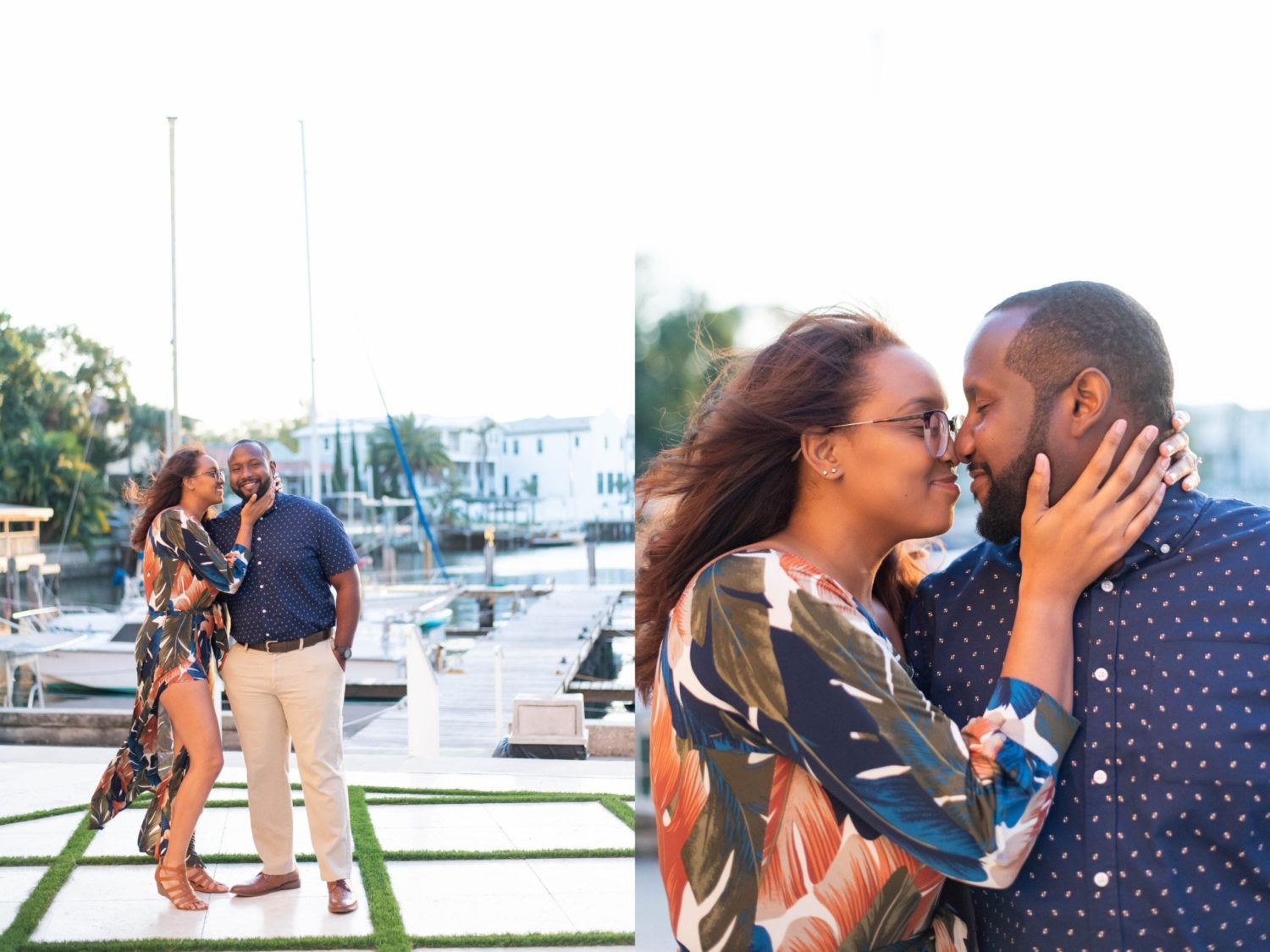 Romantic Davis Island engagement session at sunset in tampa bay florida couple wearing navy and orange dress and shirt posing hugging each other by the pier and the boats