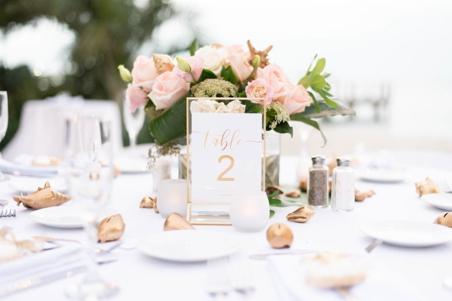 florida beach wedding blush and golden table decor for reception