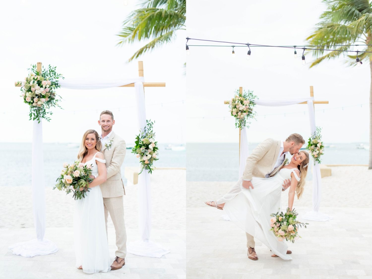 Key west marriott wedding bride and groom posing in front of ceremony flower arch by the beach