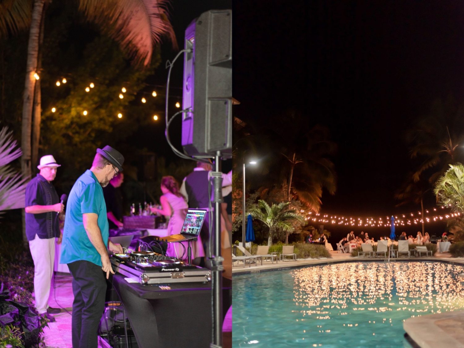 florida outdoor wedding at night reception party view from pool dj