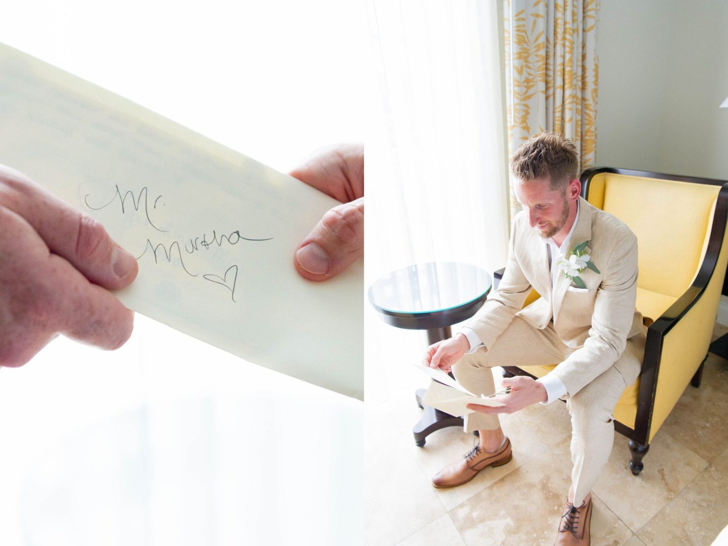Groom getting ready for wedding reading letter that bride wrote him