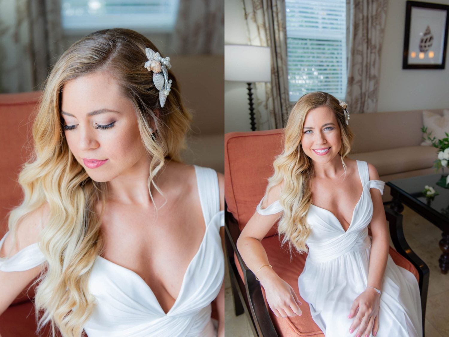 bride portraits at getting ready suite sitting on chair in her wedding dress posing