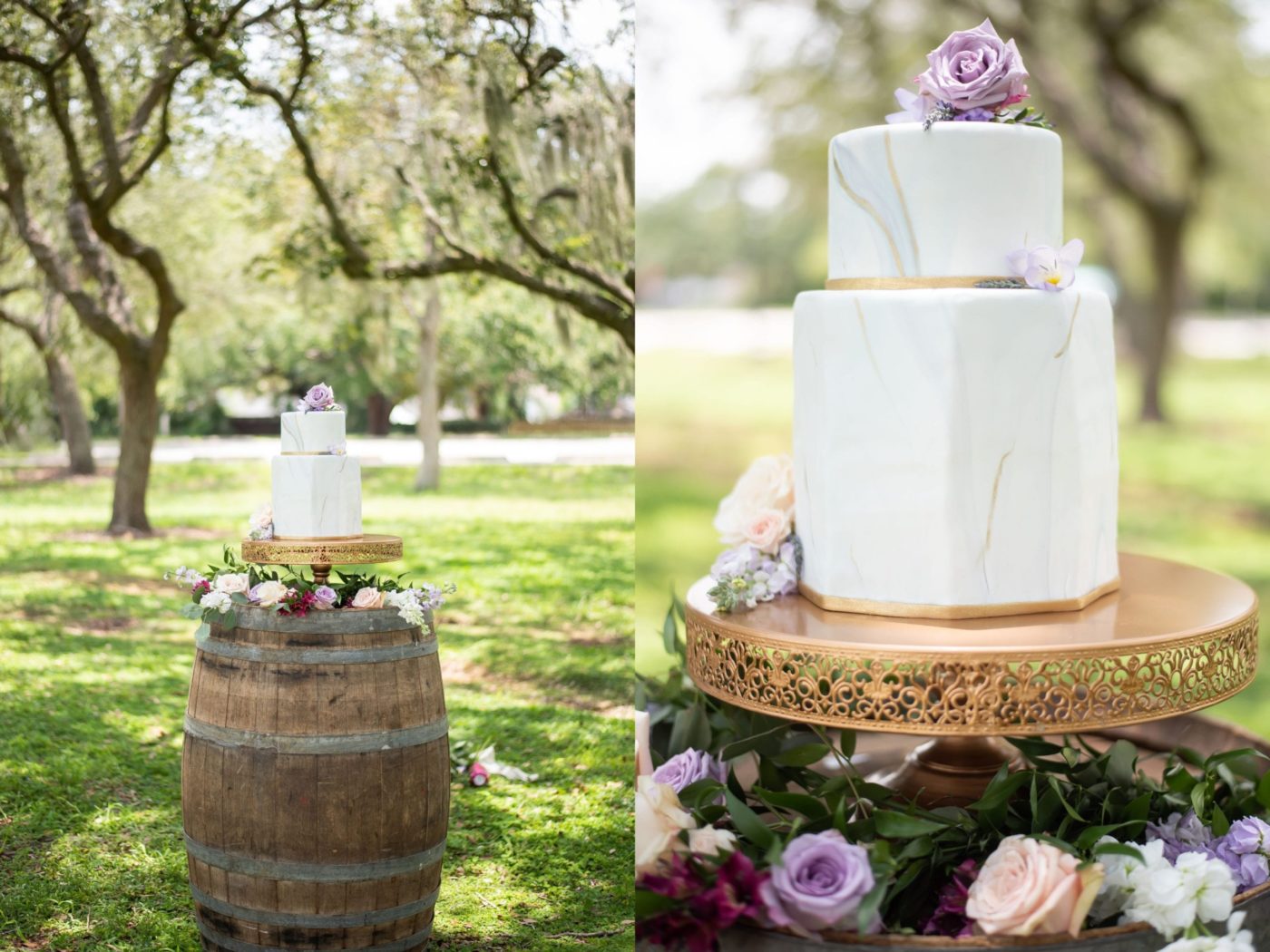 marble wedding cake in gold on a wooden barrel