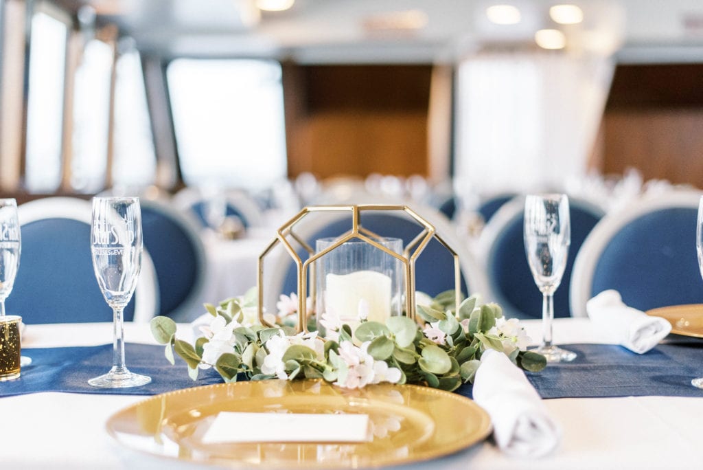 Yacht starship wedding channelside tampa micro wedding reception gold blush and navy decor