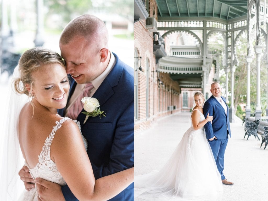 University of Tampa wedding photos downtown tampa yacht wedding bride and groom posing, smiling, hugging each other in wedding dress and navy tuxedo