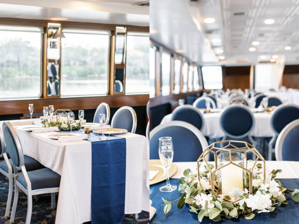 Yacht starship channelside tampa wedding reception decor in navy, blush and gold