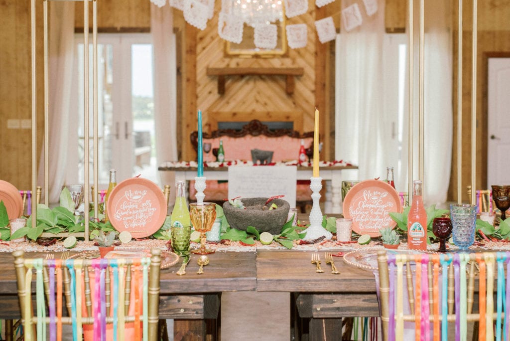 covington farm wedding reception table setup for mexican wedding with jarritos, mexican treats