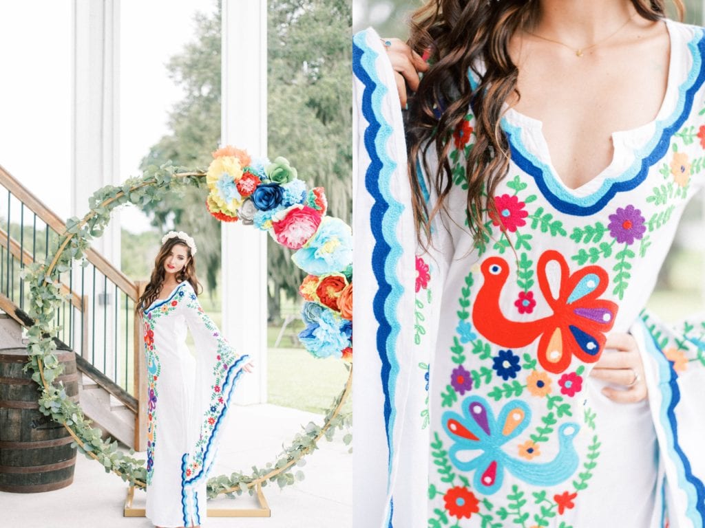 like water for chocolate wedding covington farm wedding colorful mexican dress embroidery bride posing for photo