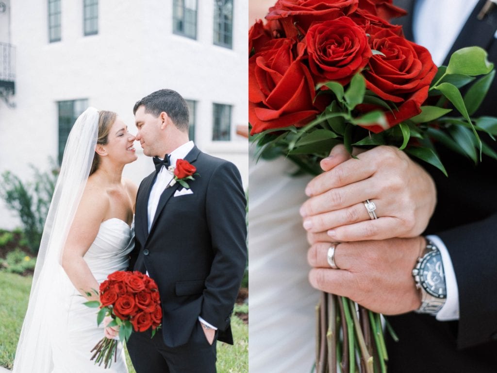 Elegant Hyatt Regency Wedding in Black White and Red Colors Bride and Groom Photos and Red Rose Wedding Bouquet