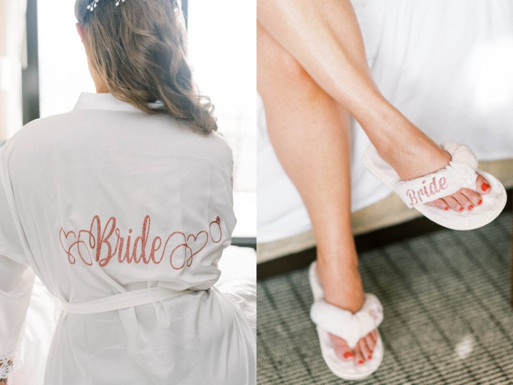 Bride getting ready for her wedding wearing Bride robe and Bride slippers