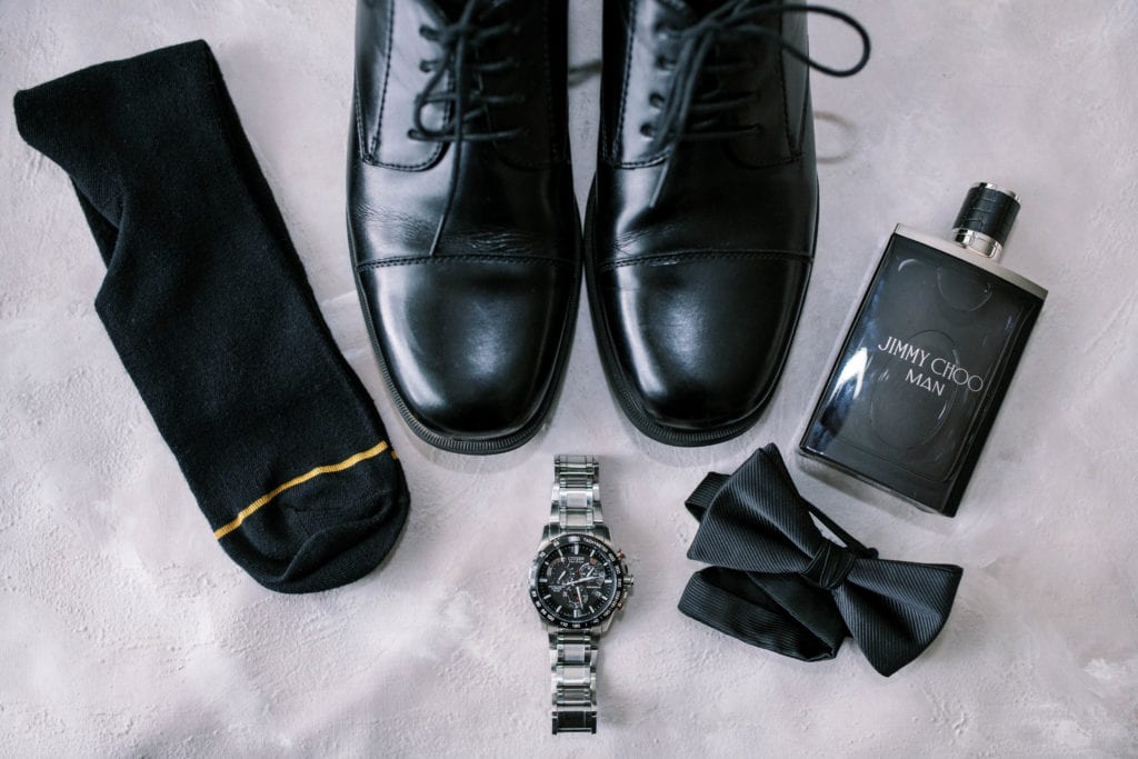 Groom's Details Flat Lay Photograph Groom's Shoes Jimmy Choo Man Cologne Watch