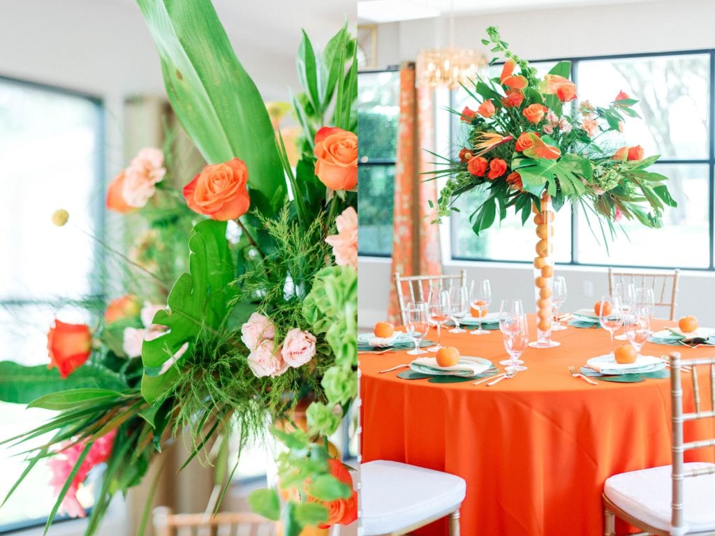Orange tree golf club wedding citrus orange themed indoor wedding reception table decor
