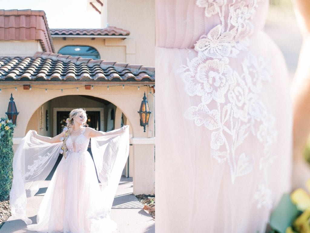 Tangled themed wedding bride in blush dress at mission inn wedding venue in orlando florida