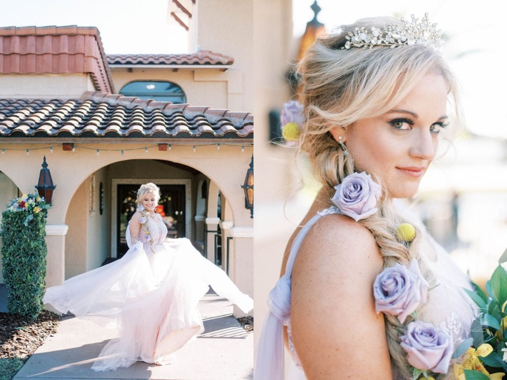 Tangled themed wedding at mission inn wedding venue bride spinning in light pink gown