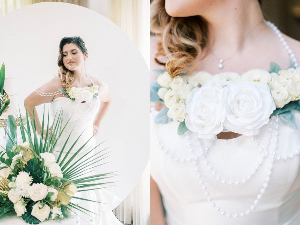 White and greenery wedding simple and elegant wedding at falcons fire golf club bridal portraits bride's floral necklace