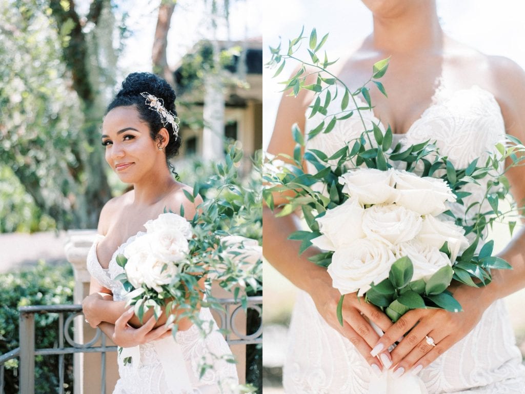 White and greenery wedding bride holding simple and elegant wedding flower bouquet