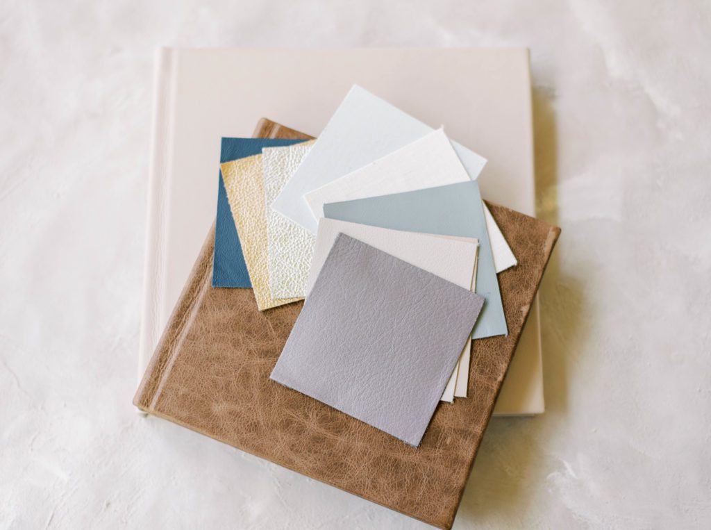 Invest in a wedding photo album after your wedding blush leather cover photo album and distressed leather brown album with colored swatches