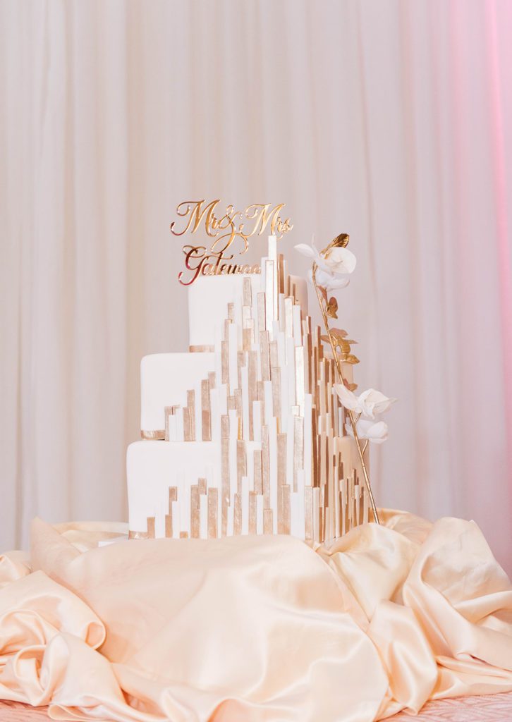 White rose gold luxury wedding cake for ballroom wedding reception