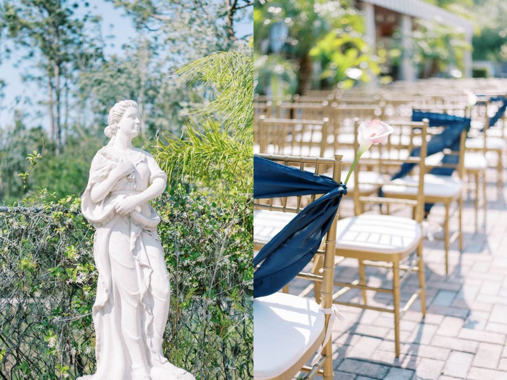 Bayanihan Arts and Events Center Wedding blush and navy wedding colors with gold accents outdoor ceremony space with floral arch gold chairs roman sculpture