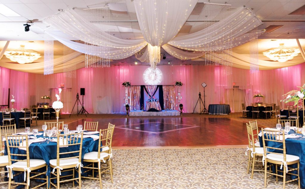 Bayanihan Center Wedding blush and navy wedding colors with gold accents ballroom wedding reception decor