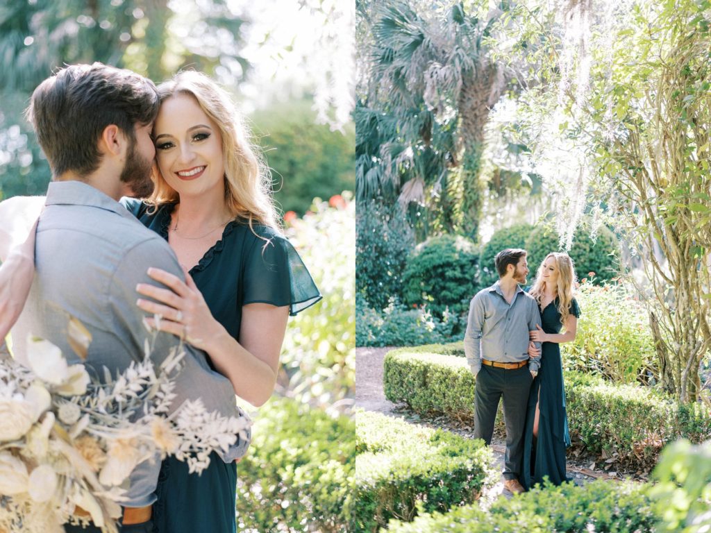 Bok tower gardens engagement photo session in lake wales florida bride and groom hugging smiling in the park wearing green